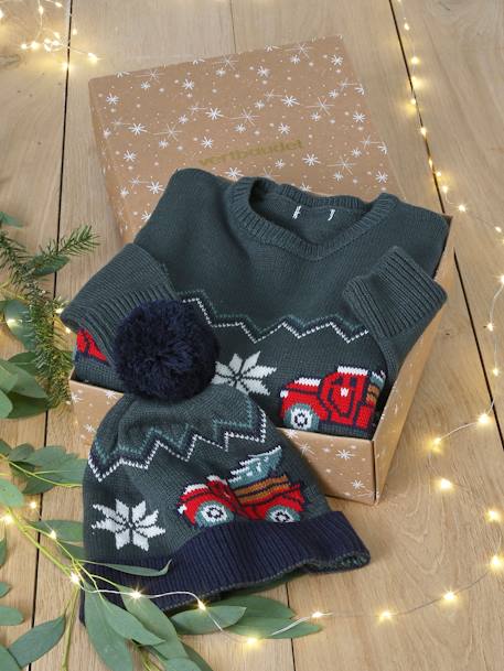 Jungen Weihnachts-Geschenkset: Pullover & Mütze Oeko-Tex tannengrün 1