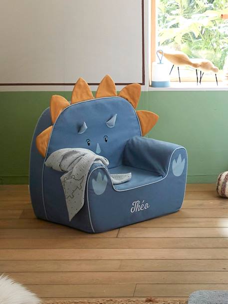 Kinderzimmer Sessel in Dino-Form, Triceratops, personalisierbar blau/karamell 2