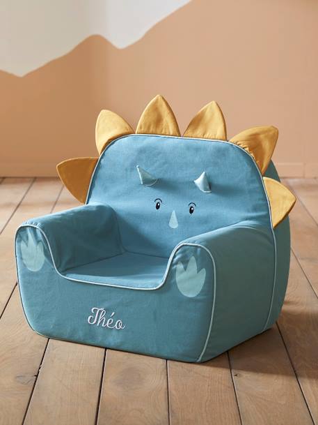 Kinderzimmer Sessel in Dino-Form, Triceratops, personalisierbar blau/karamell 3