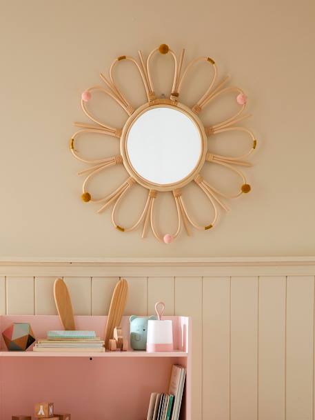 Kinderzimmer Spiegel aus Rattan mit Pompons natur 1