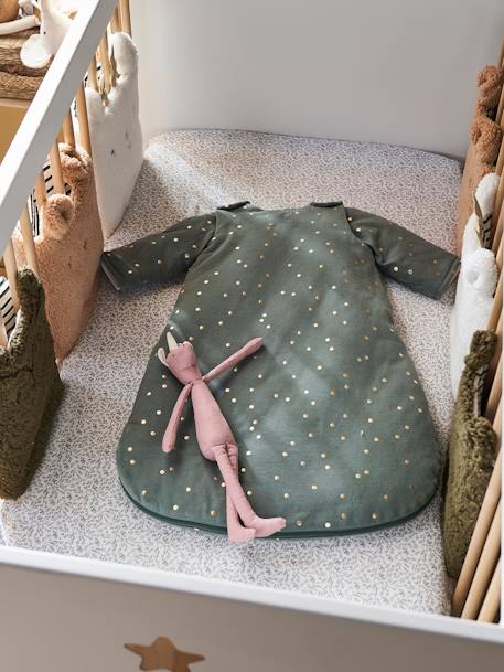 Baby Winterschlafsack GRÜNER WALD Ärmel abnehmbar Oeko-Tex personalisierbar grün+wollweiß/gold getupft 1