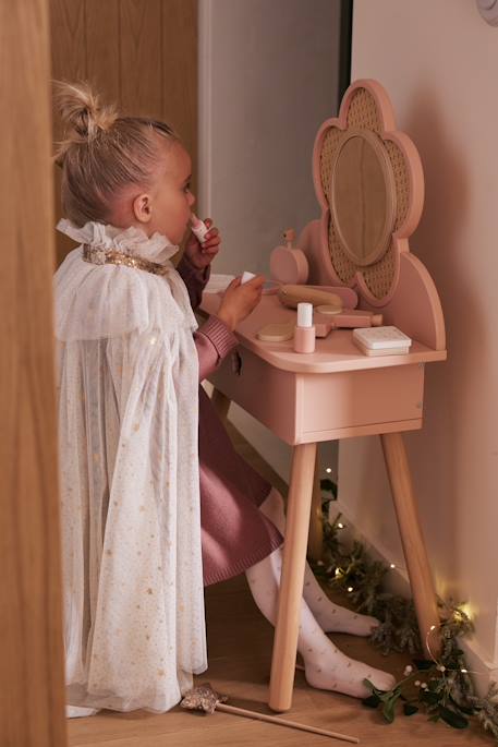 Kinder Schminktisch mit Zubehör, Holz FSC® und Rattangeflecht rosa+weiß 2