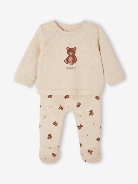 Baby-Set mit Teddyprint: Wickeljacke & Hose beige meliert 1