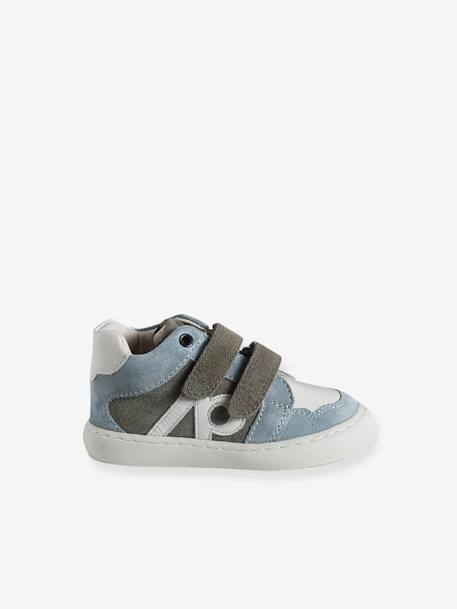 Kinder Leder Sneakers mit Klettverschluss graublau+wollweiß 2