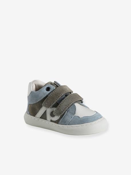 Kinder Leder Sneakers mit Klettverschluss graublau+wollweiß 1