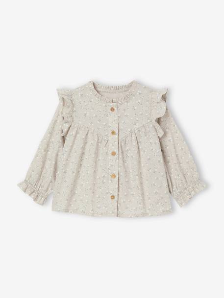 Baby Bluse mit Volants graugrün+wollweiß geblümt 1