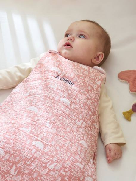 Ärmelloser Baby Schlafsack WALDSPAZIERGANG OEKO-TEX® personalisierbar altrosa+grün 1