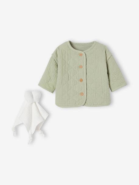 Baby Geschenk-Set: gesteppte Musselinjacke & Schmusetuch mit Recycling-Polyester salbeigrün 1