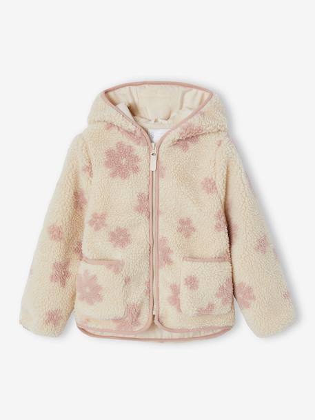 Mädchen Teddyfleece-Jacke mit Blumenmuster und Kapuze vanille 1