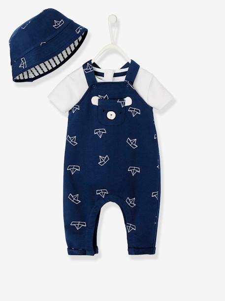 Baby-Set: Sonnenhut, Body und Latzhose weiß/blau 2