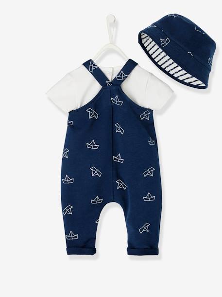 Baby-Set: Sonnenhut, Body und Latzhose weiß/blau 4