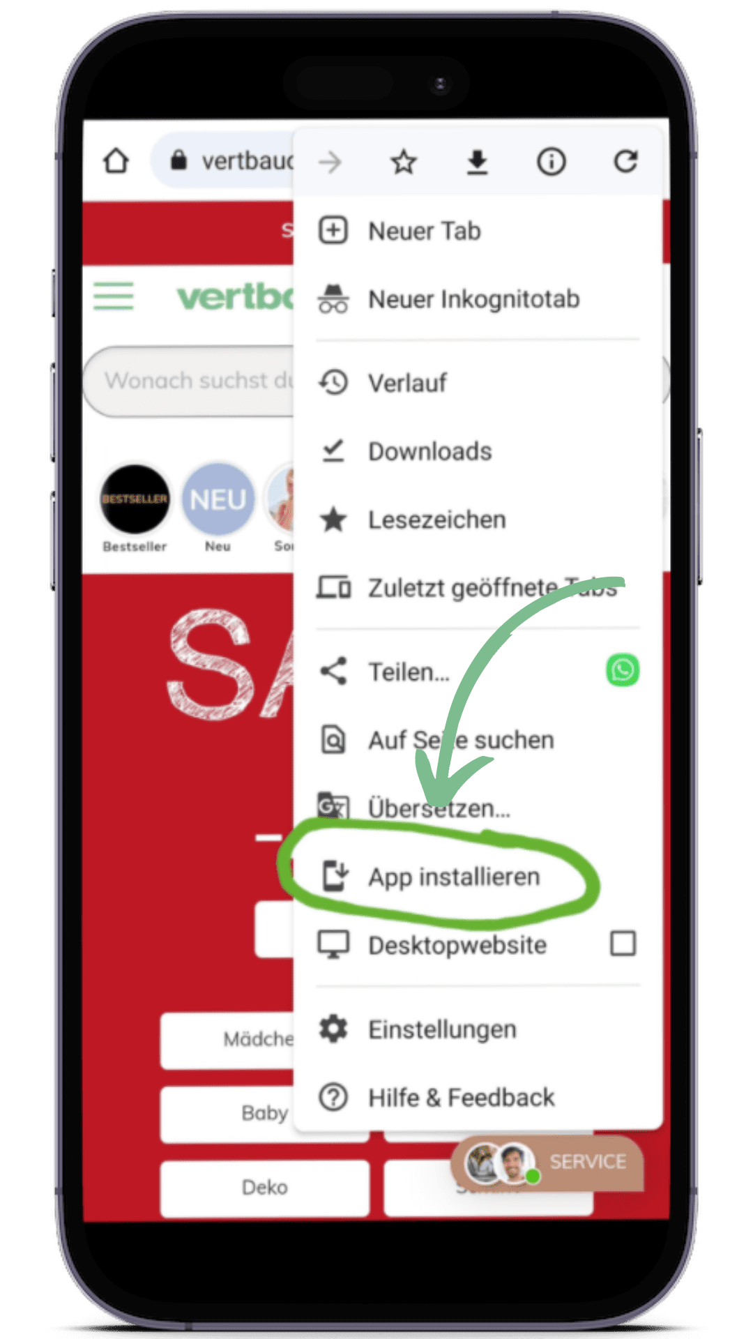 Anleitung Homescreen-Button, vertbaudet-App android einrichten
