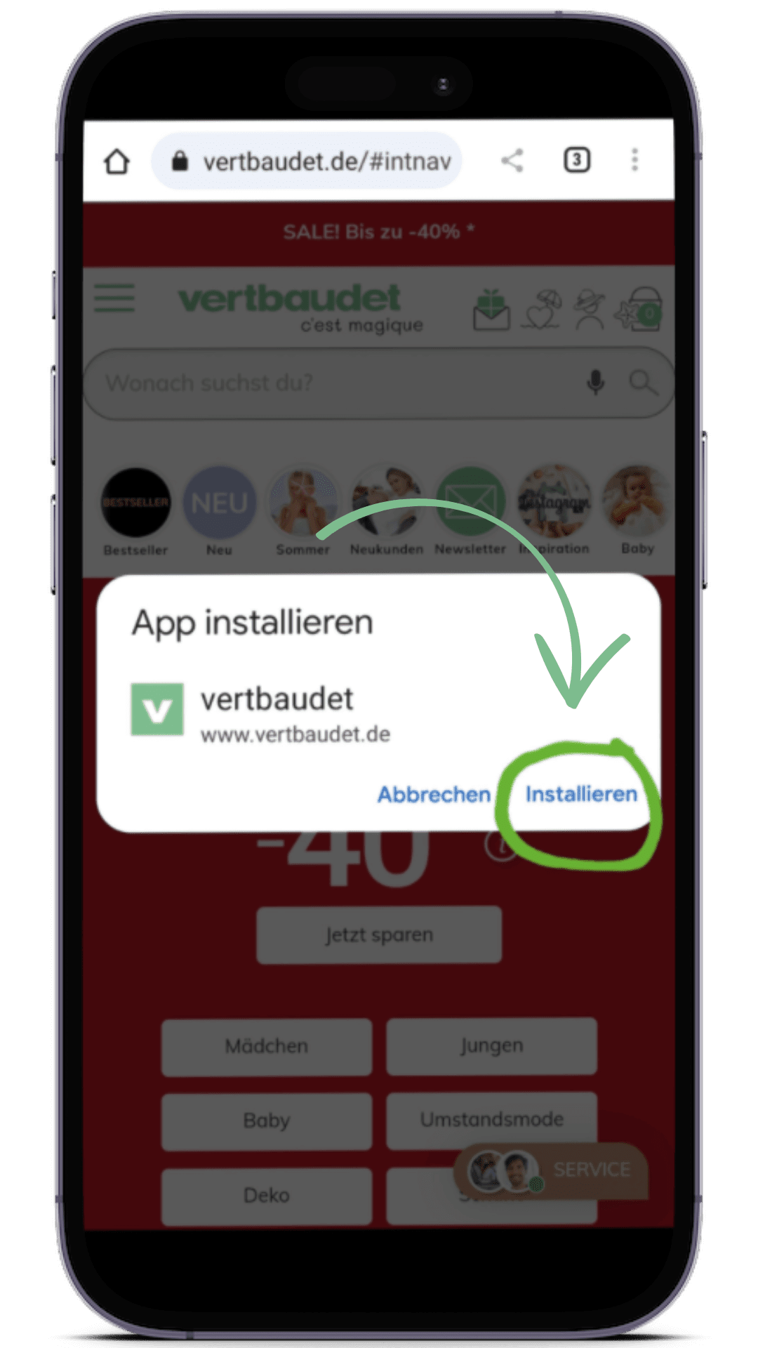 Anleitung Homescreen-Button, vertbaudet-App android einrichten